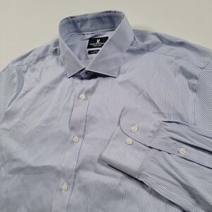 Psycho Bunny Men Dress Shirt 17.5 34/35 Slim Fit Blue Stripe Non Iron Stretch